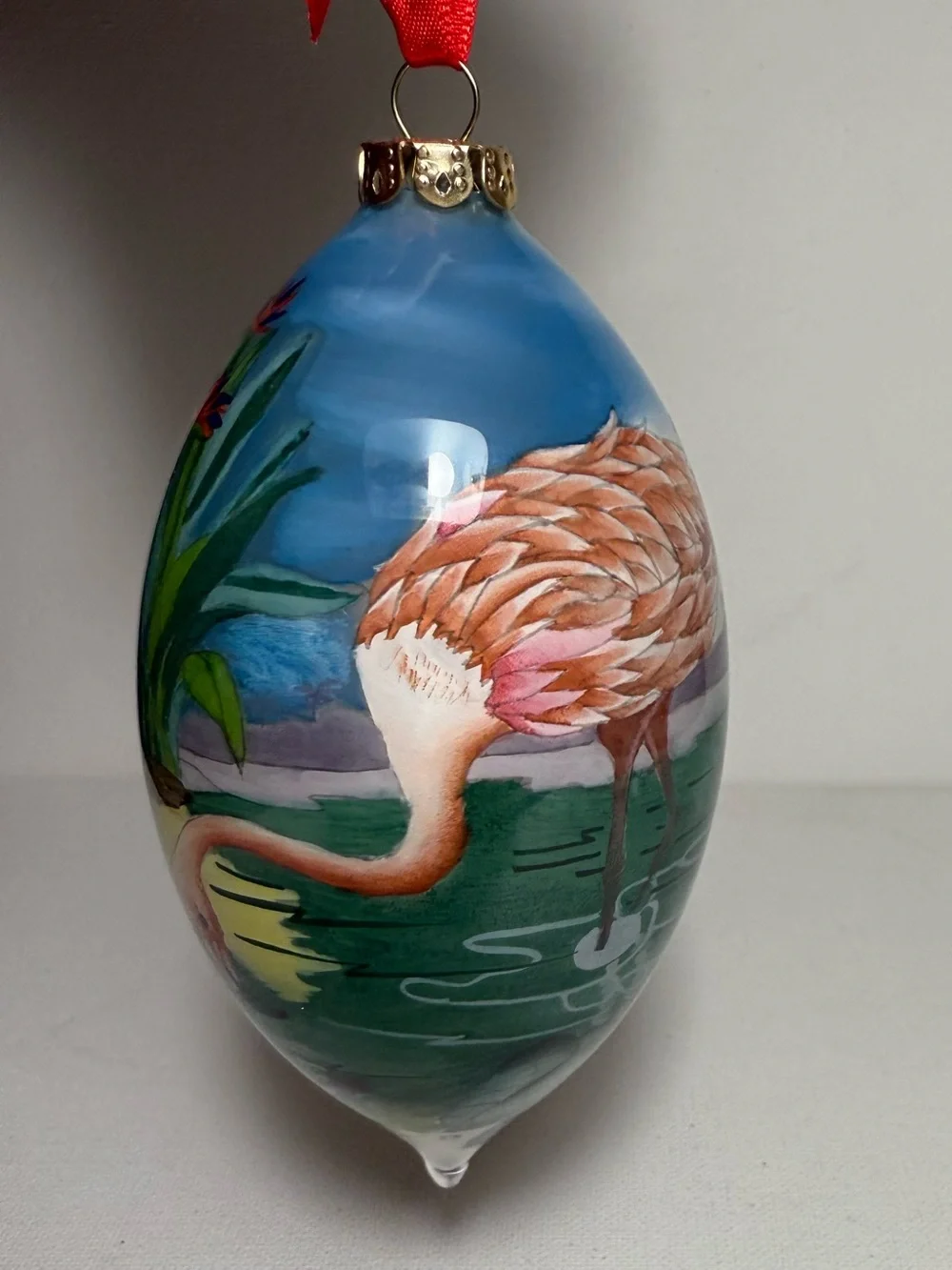 Vintage Pink Flamingo Reverse Painting Glass Ornament Paul Bent Design Florida